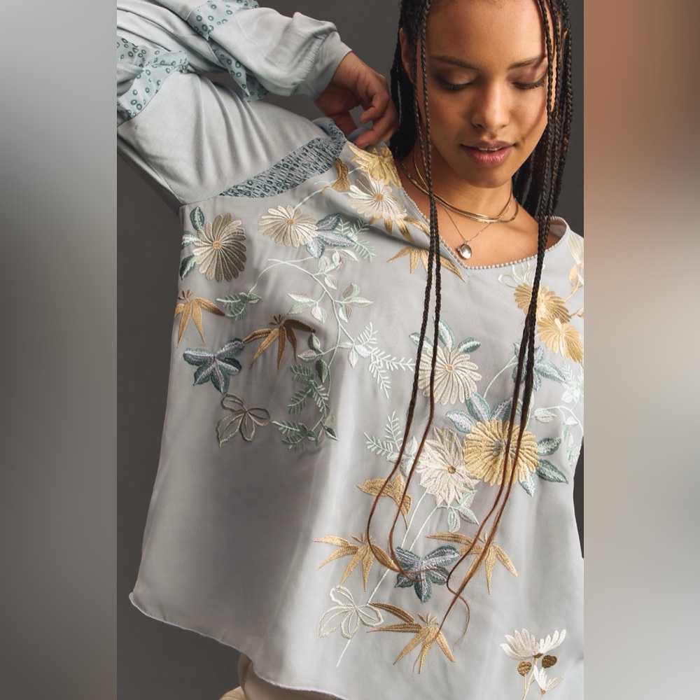 NWOT Anthropologie Tiny Frances Long-Sleeve Ruffled Top Embroidered light Blue